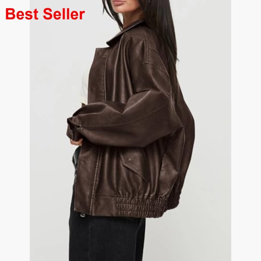 Faux Leather Motorcycle Jacket Oversized Zip Up Winter Coat Outerwear - Picture 3 of 7